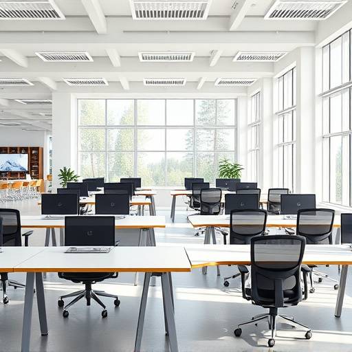 Escritório da empresa Eloquência Clara, com mesas, cadeiras e um ambiente de trabalho colaborativo